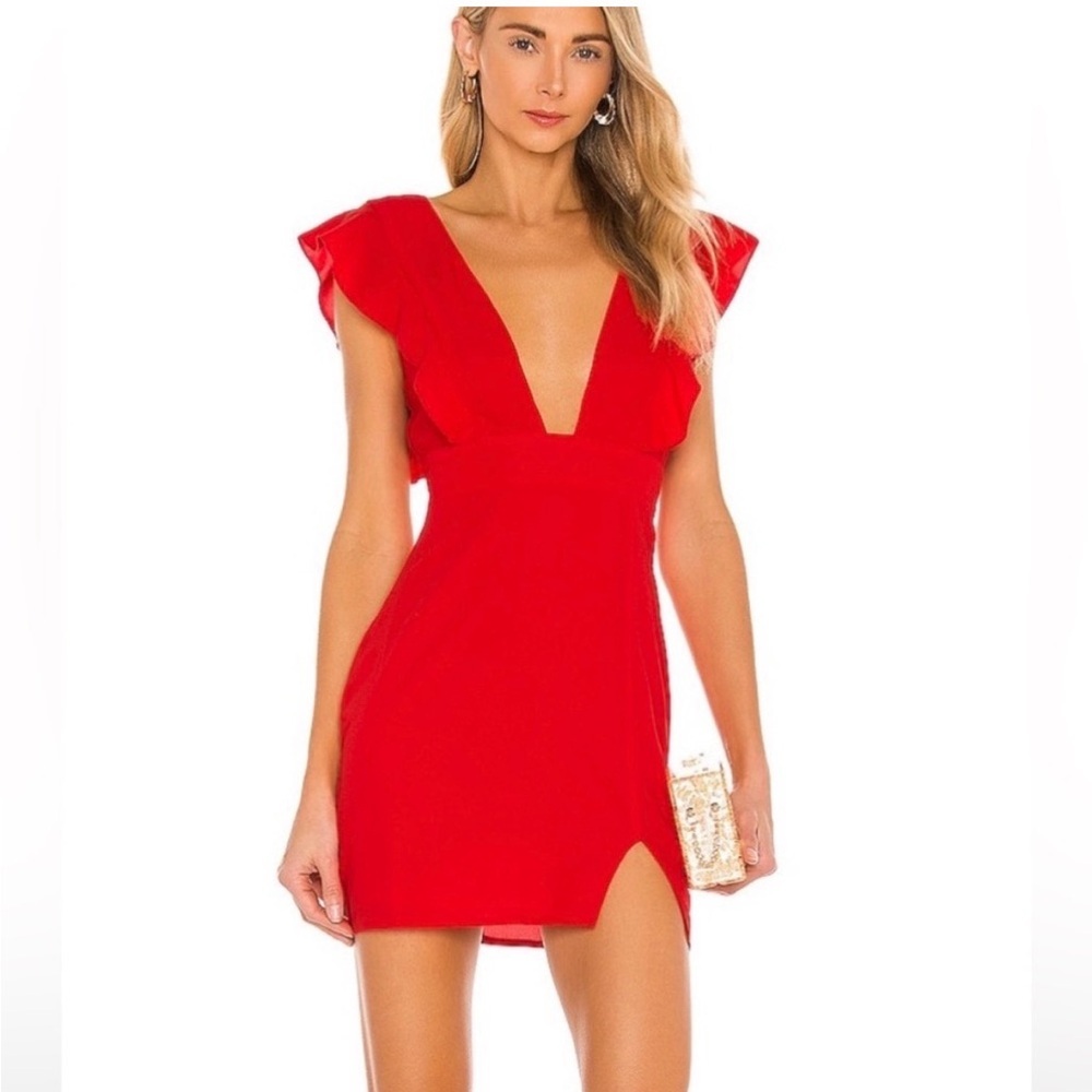 SUPERDOWN Harlow Red sticking deep V neckline Ruffle Sleeve Mini Dress sz S